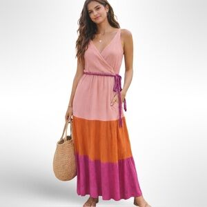Flying Tomato Crinkle Gauze Colorblock Maxi Dress Pink Orange Braided Tie XS